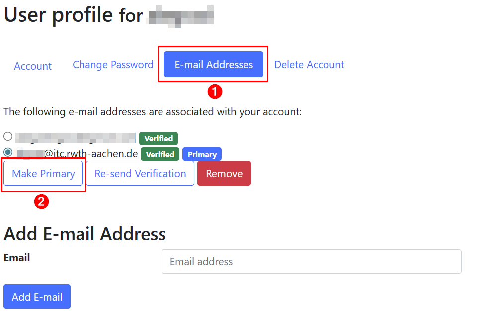 This is a screenshot of the "Email Addresses" tab.  It lists the linked email addresses. Below the list is the "Make Primary" button. This is the first of three buttons.