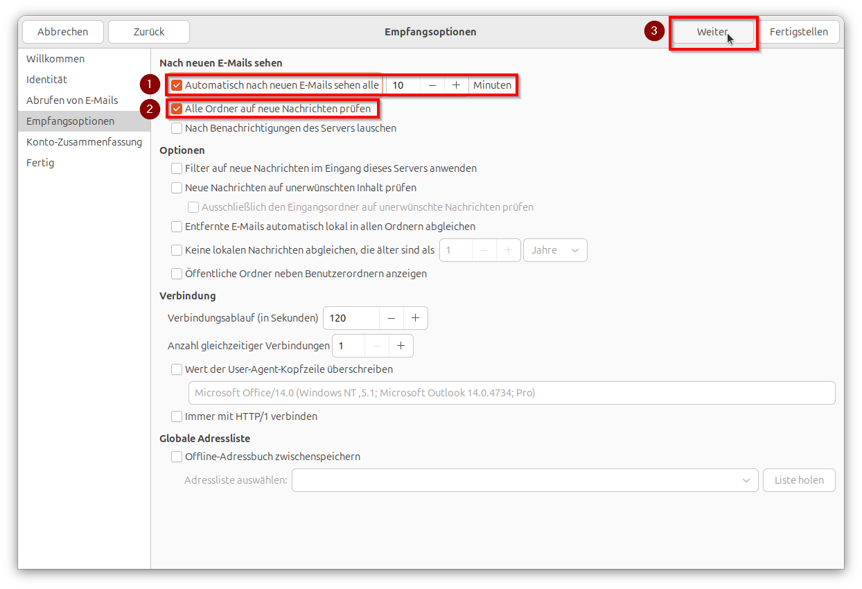 Screenshot des Fensters "Empfangsoptionen" auf dem mittig die Optionen "Automatisch nach neuen E-Mails sehen" und "Alle Ordner auf neue Nachrichten prüfen", sowie oben rechts der Button "Weiter" markiert ist.