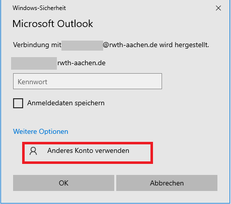 Die Option "Anderes Konto verwenden" auswählen Die Option "Anderes Konto verwenden" auswählen