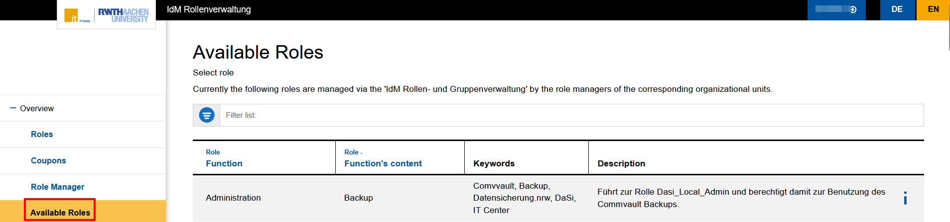 Screenshot of the "Available Roles" tab. The roles are listed in a table. The table has 4 columns: Role - Function, Role - Function content, Keywords, and Description.