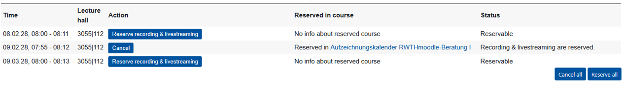 Screenshot: Overview of the options to reserve all the recordings 
