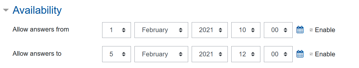 Screenshot Feedback settings, availabilty period