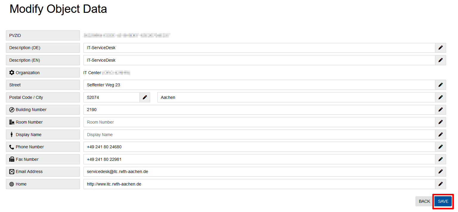 Screenshot of the ‘modify Object Data’ view. Object data is listed in a table. The values can be entered after the name of the respective value. The ‘Save’ button is located at the bottom of the page.
