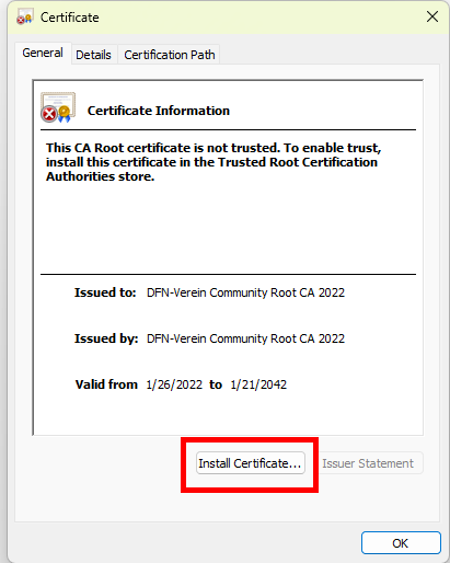 Screenshot of the "Certificate" window. It shows the "General" tab.  Under the certificate information, you will find the “Install certificate” button
