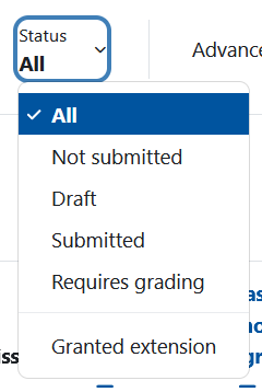 Screenshot: Filter "Status" with the options "All", "Not submitted", "Draft", "Submitted", "Requires grading" and "Granted extension
