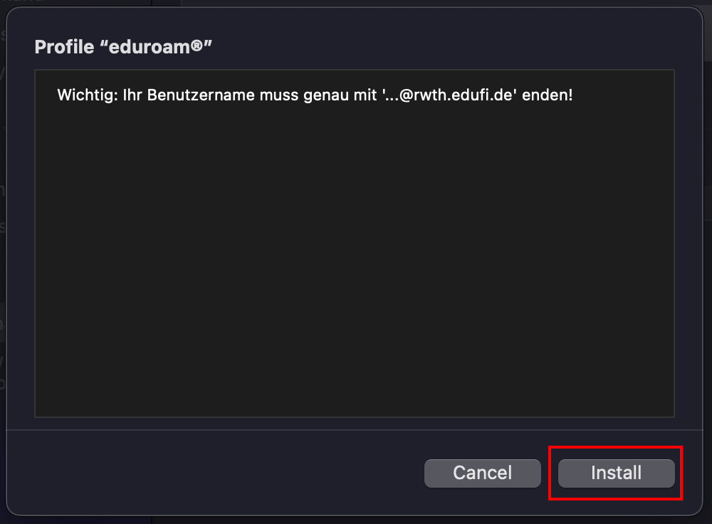 Screenshot of the 'Profile eduroam' pop-up window. A hint for the username appears. This is followed by the Cancel and Install buttons.