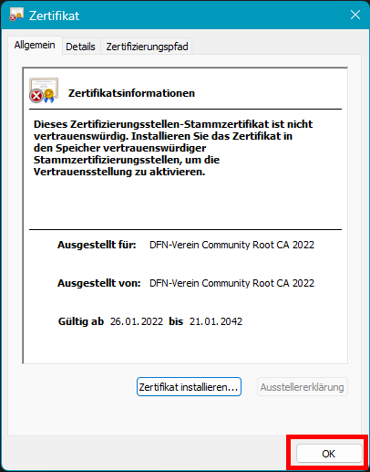 Screenshot des Fensters "Zertifikat", Reiter "Allgemein". Unter der Schaltfläche "Zertifikat installieren" befindet sich die Schaltfläche "OK".
