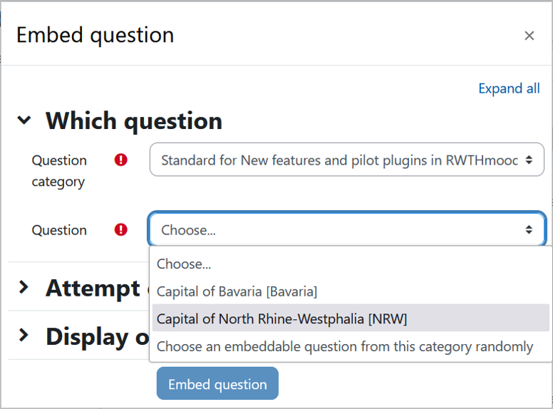 Selecting a question to embed Selecting a question to embed