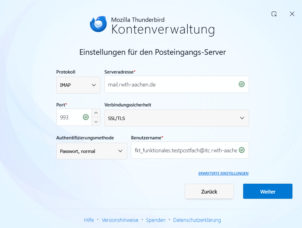 Einstellungen für den Posteingangs-Server