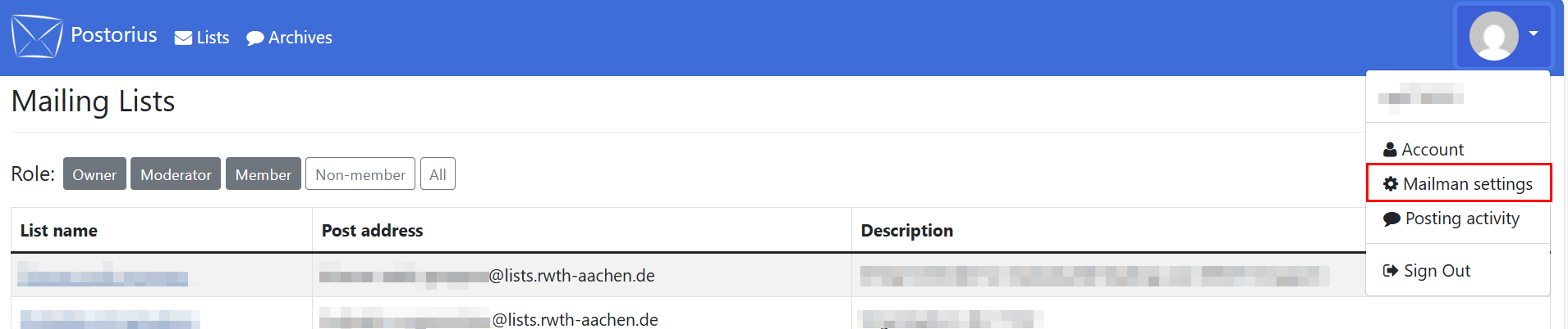 Screenshot of the Mailman home page. The profile picture is read aloud as your username. "Mailman Settings" is located between "Account" and "Posting Activity."