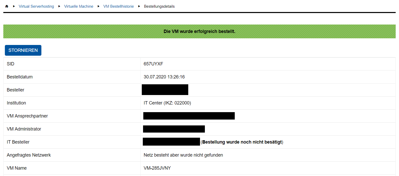 Ansicht mit dem Button zum Stornieren Ansicht mit dem Button zum Stornieren