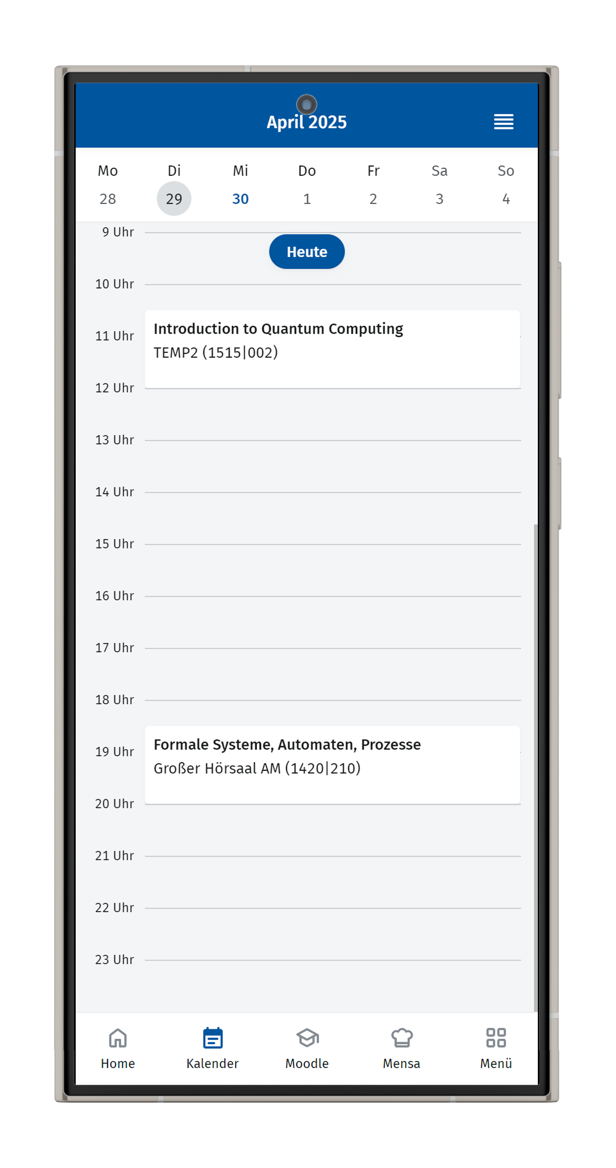 Screenshot des Kalenders in der Tagesansicht.