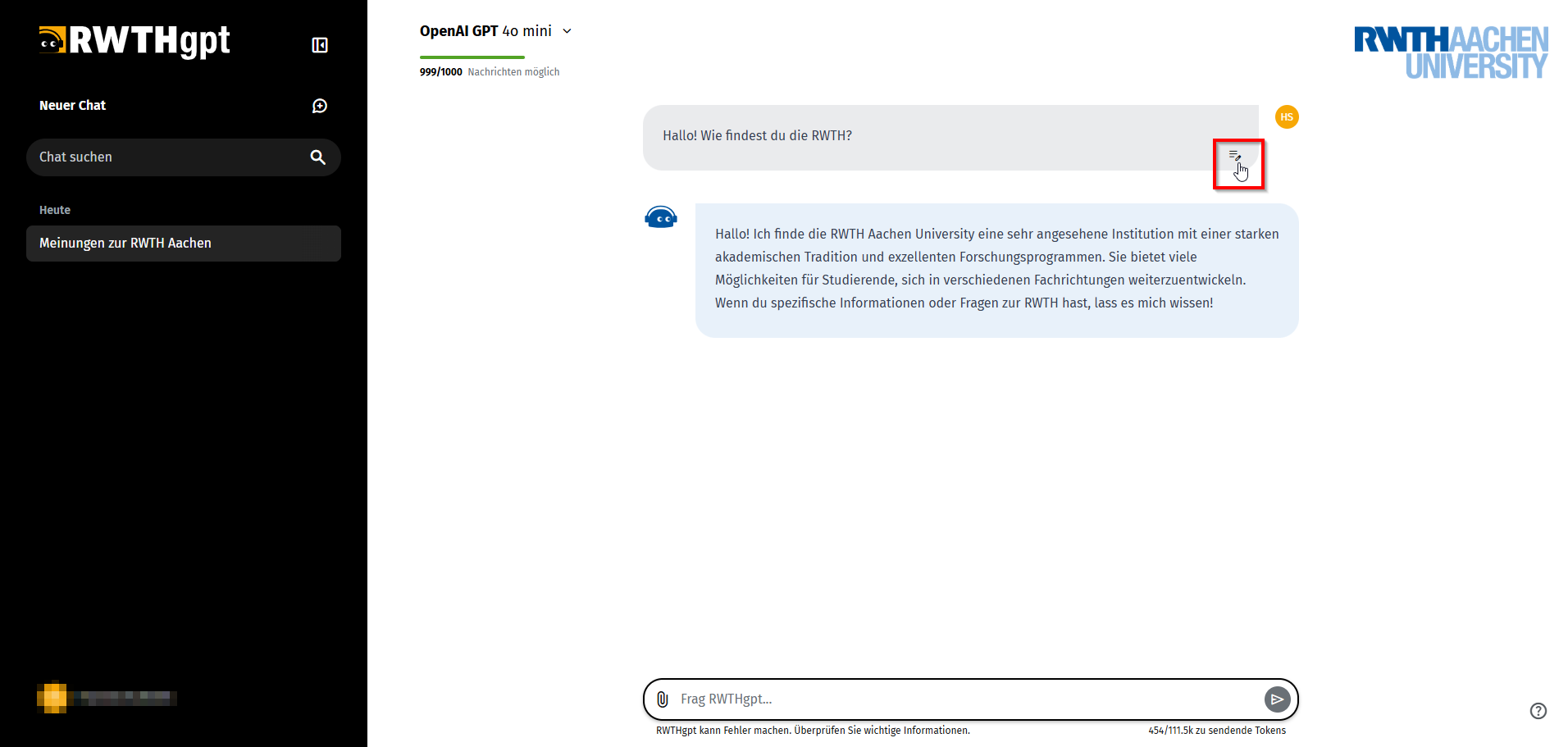 Screenshot der RWTHgpt Benutzeroberfläche auf dem innerhalb der gesendeten Nachricht der Button zur Bearbeitung der Nachricht untern rechts markiert ist.