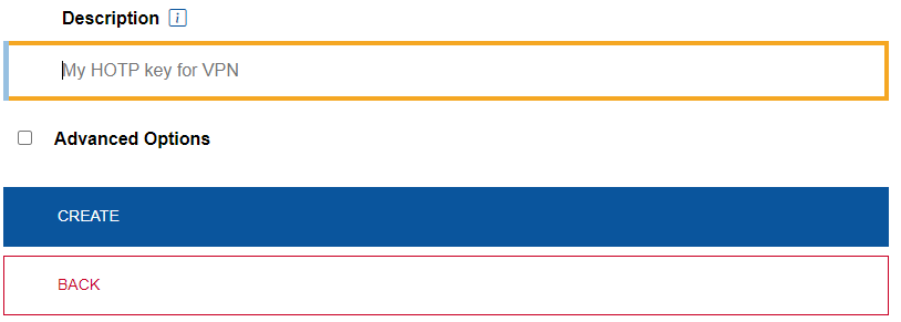Screenshot showing the page for finalizing the key. A name for the key must be assigned under ‘Description’. Below is a box for activating ‘Advanced options’. The ‘Create’ button is located directly underneath.