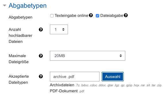 Screenshot: Aufgabeneinstellungen, Kategorie Abgabetypen. Eingestellt werden kann: "Abgabetypen", "Anzahl hochladbarer Dateien", "Maximale Dateigröße" und "Akzeptierte Dateitypen".