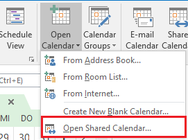 E-Mail > Outlook Berechtigungen > Persmissions_6.png Screenshot of the navigation bar in the Calendar tab, which graphically displays the selection of options from step 3. The Open shared calendar option is the lowest option after selecting Open calendar in step 2.