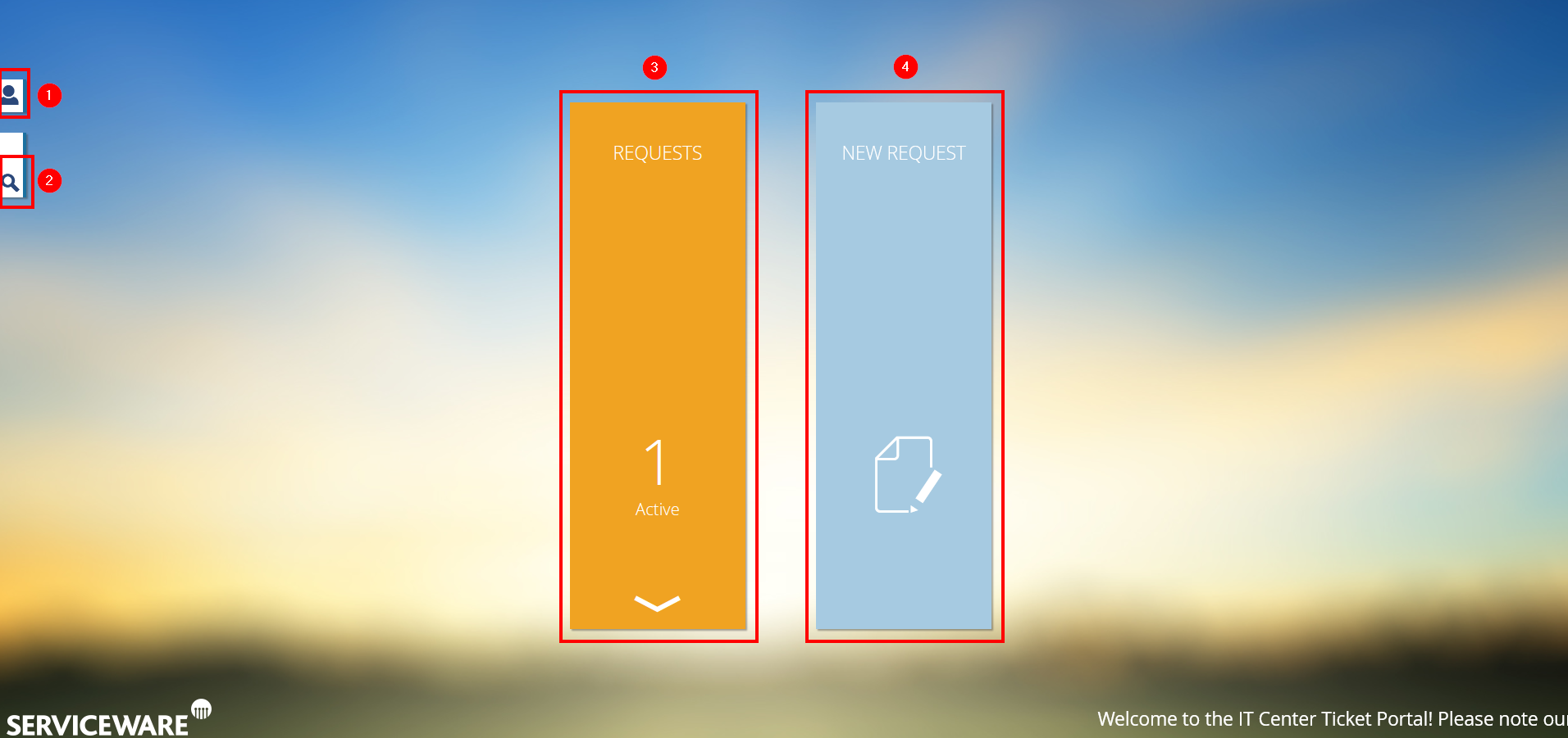 Screenshot of the TicketPortal home page. The 4 buttons are described in the list above.