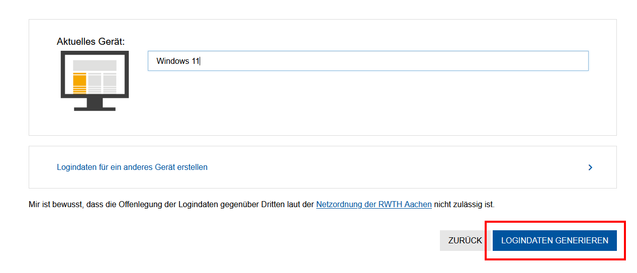 Screenshot der Startseite des EGM. Es gibt zwei Schaltflächen: Logindaten generieren und Geräte verwalten.