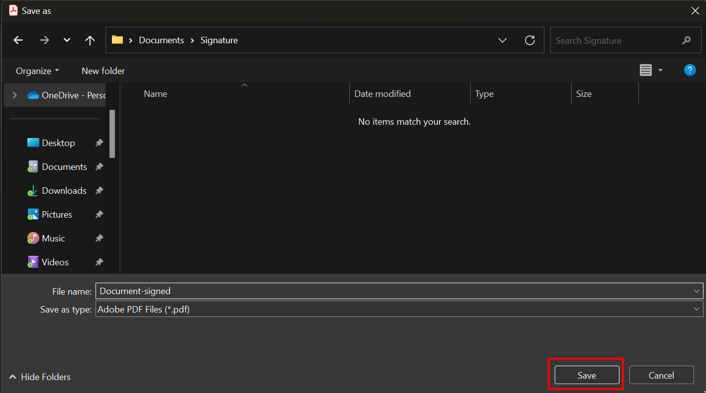Unterschriebenes Dokument speichern Screenshot of the standard "Save as" Windows dialog box.
