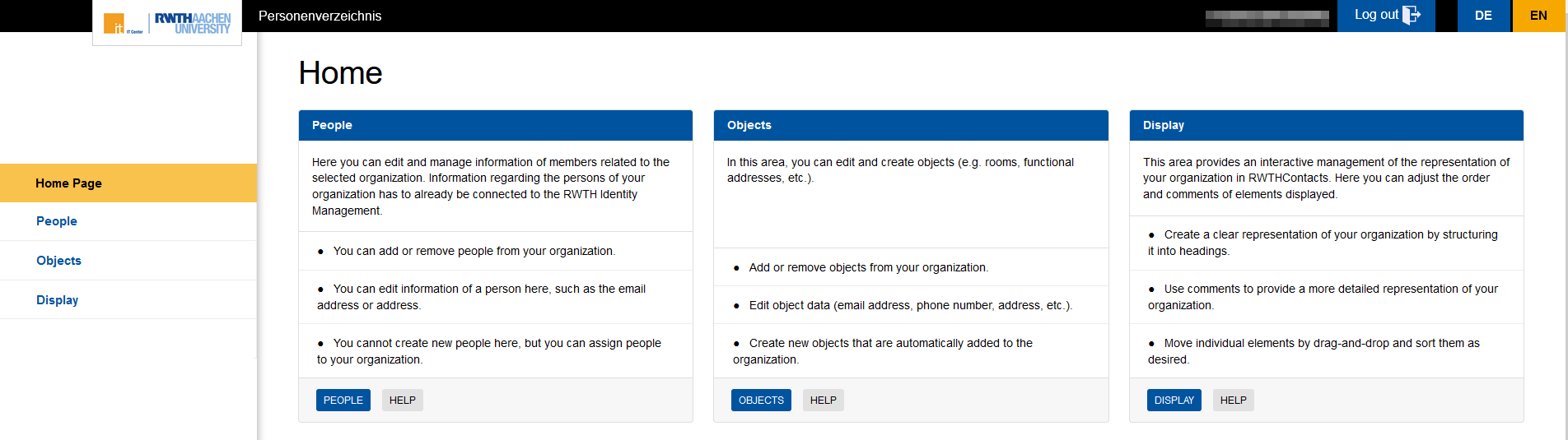Home page of the organization area Screenshot of the home page of the organization area. The page contains the People, Objects and Display areas with the buttons to switch to theses areas.