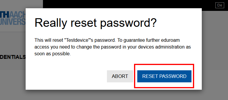 Screenshot of the “Really reset password” dialog box. You can choose between the two buttons “Abort” and “Reset password”.