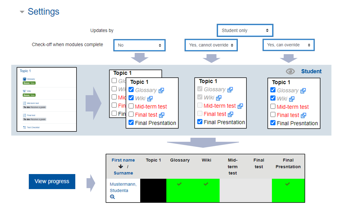 Screenshot: Updates by student only and further settings