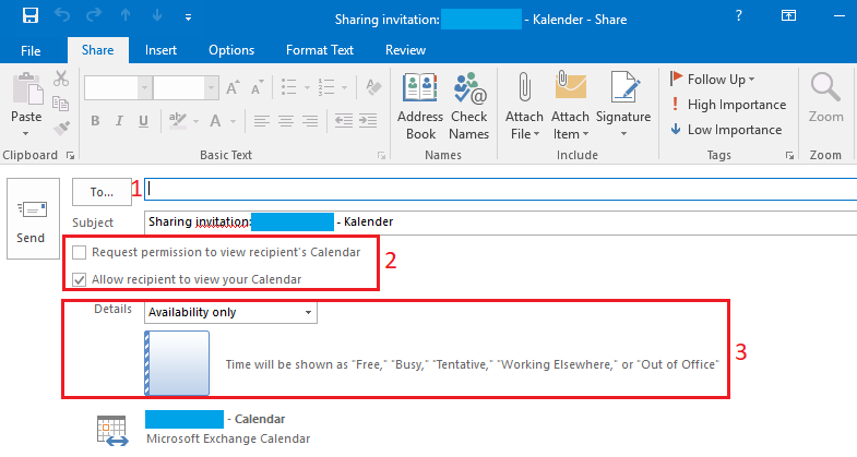 E-Mail > Outlook Berechtigungen > Persmissions_2.PNG Screenshot of the Share calendar window, which graphically displays the selection of options from step 3.