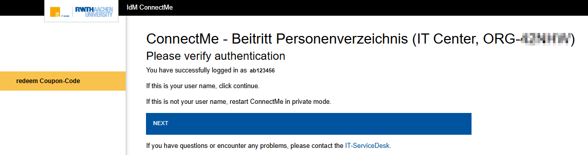 A screenshot of the ConnectMe page. The page contains information about the username and a prompt to check the username. Below the text is the Next button.