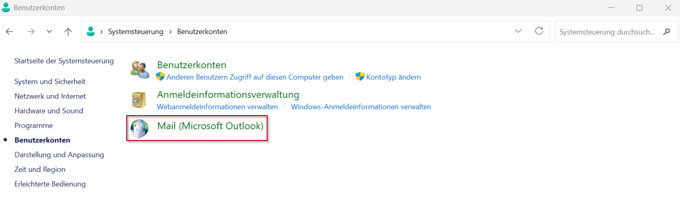 Mail (Microsoft Outlook) unter Benutzerkonten