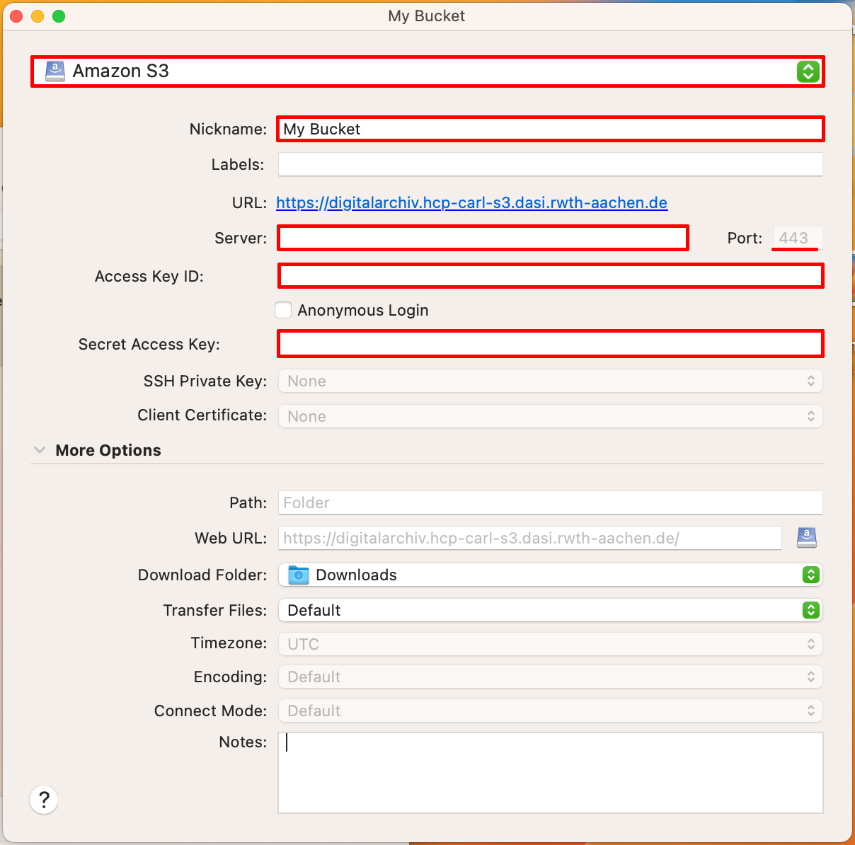 A view of the settings dialog for a bookmark in Cyberduck. Amazon S3 is selected as the connection type at the top. A nickname must be entered in the next field. There are further fields for the server, Access Key ID and Secret Access Key that need to be filled in. A view of the settings dialog for a bookmark in Cyberduck. Amazon S3 is selected as the connection type at the top. A nickname must be entered in the next field. There are further fields for the server, Access Key ID and Secret Access Key that need to be filled in.