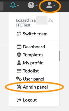 Finding the admin user menu Screenshot of the user menu. “Admin panel” is listed below “Todolist” and “User panel”.