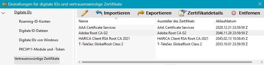 Einstellungen Vertrauenswürdige Zertifikate abgeschlossen Einstellungen Vertrauenswürdige Zertifikate abgeschlossen