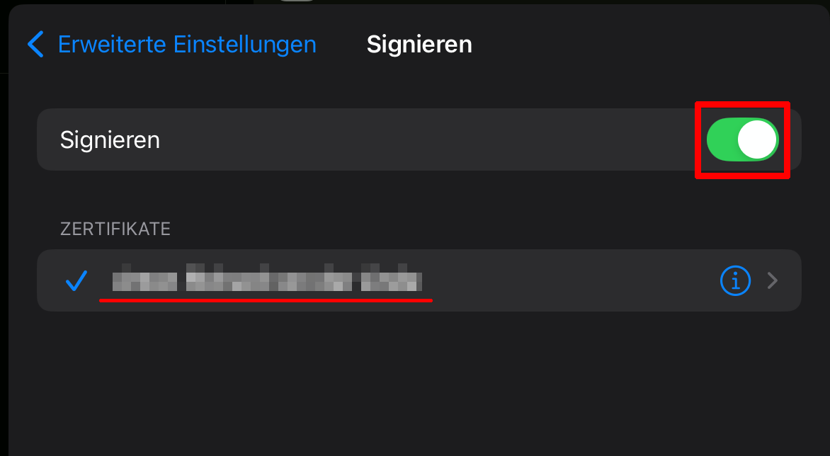 Signieren und Zertifikat auswählen Signieren und Zertifikat auswählen