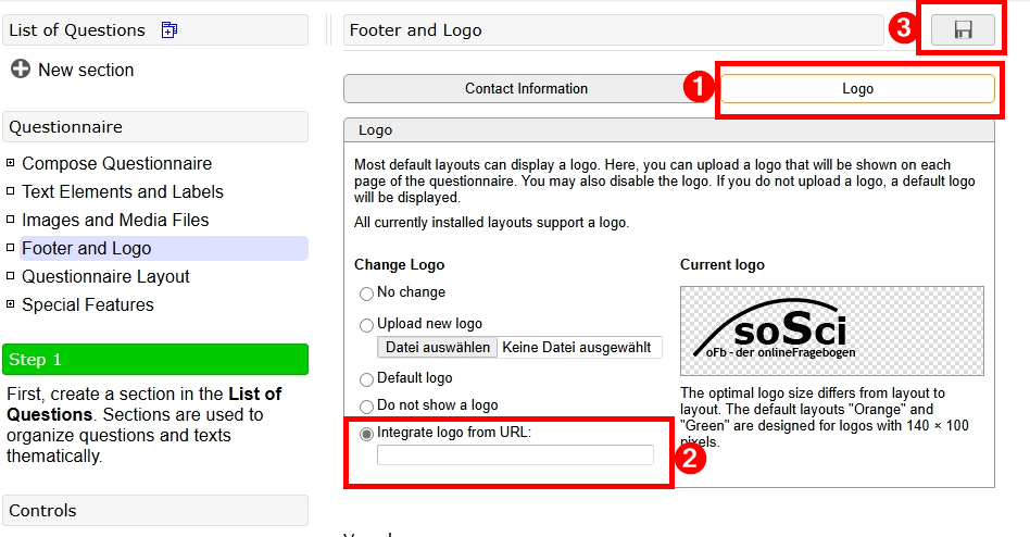 Screenshot of the "Logo" tab. Under "Change logo," there are five options. The fifth option is "Integrate logo from URL."