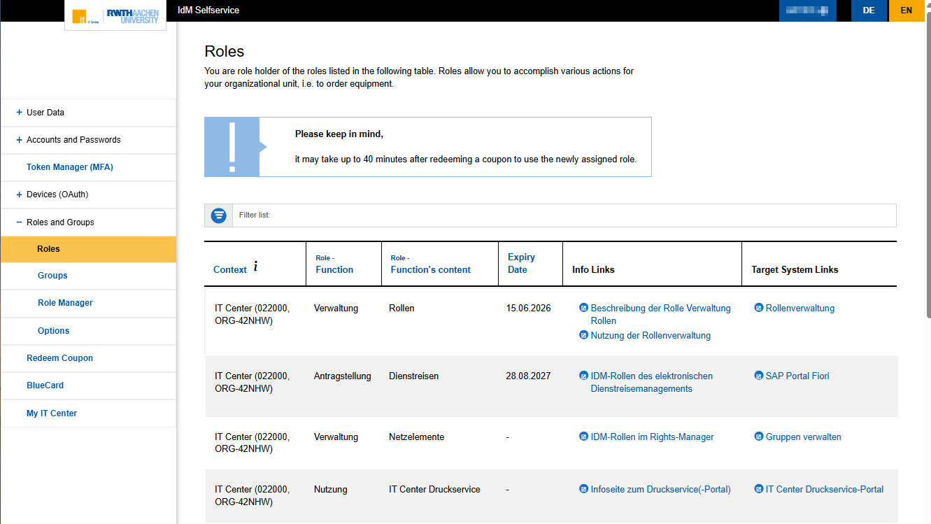A screenshot of the page with roles in the IdM Selfservice. The screenshot shows a table with roles. The table contains information about the roles, such as context, function, function content, expiry date, info links, and target system links.