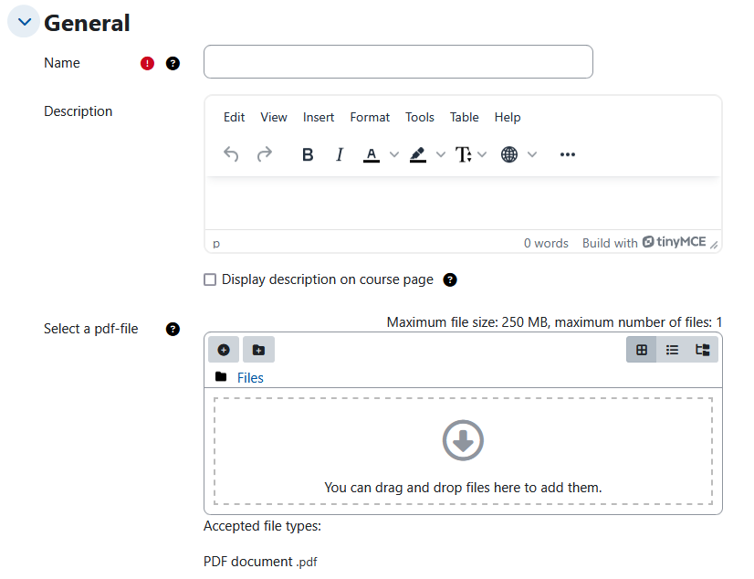 Screenshot: Title "General" mit input fields for Name and Description, the option "Display description on course page" and the field "Select a pdf-file".