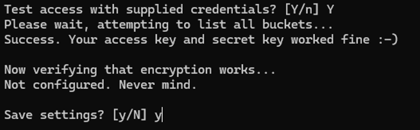 Ansicht vom Terminal nach einem Erfolgreichen Test. Es wird gefragt ob die Konfiguration gespeichert werden soll und y wurde eingegeben.