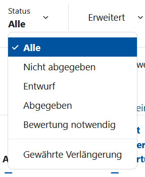 Screenshot: Filter "Status" mit den Kriterien "Alle", "Nicht abgegeben", "Entwurf", "Abgegeben", "Bewertung notwendig" und "Gewährte Verlängerung".