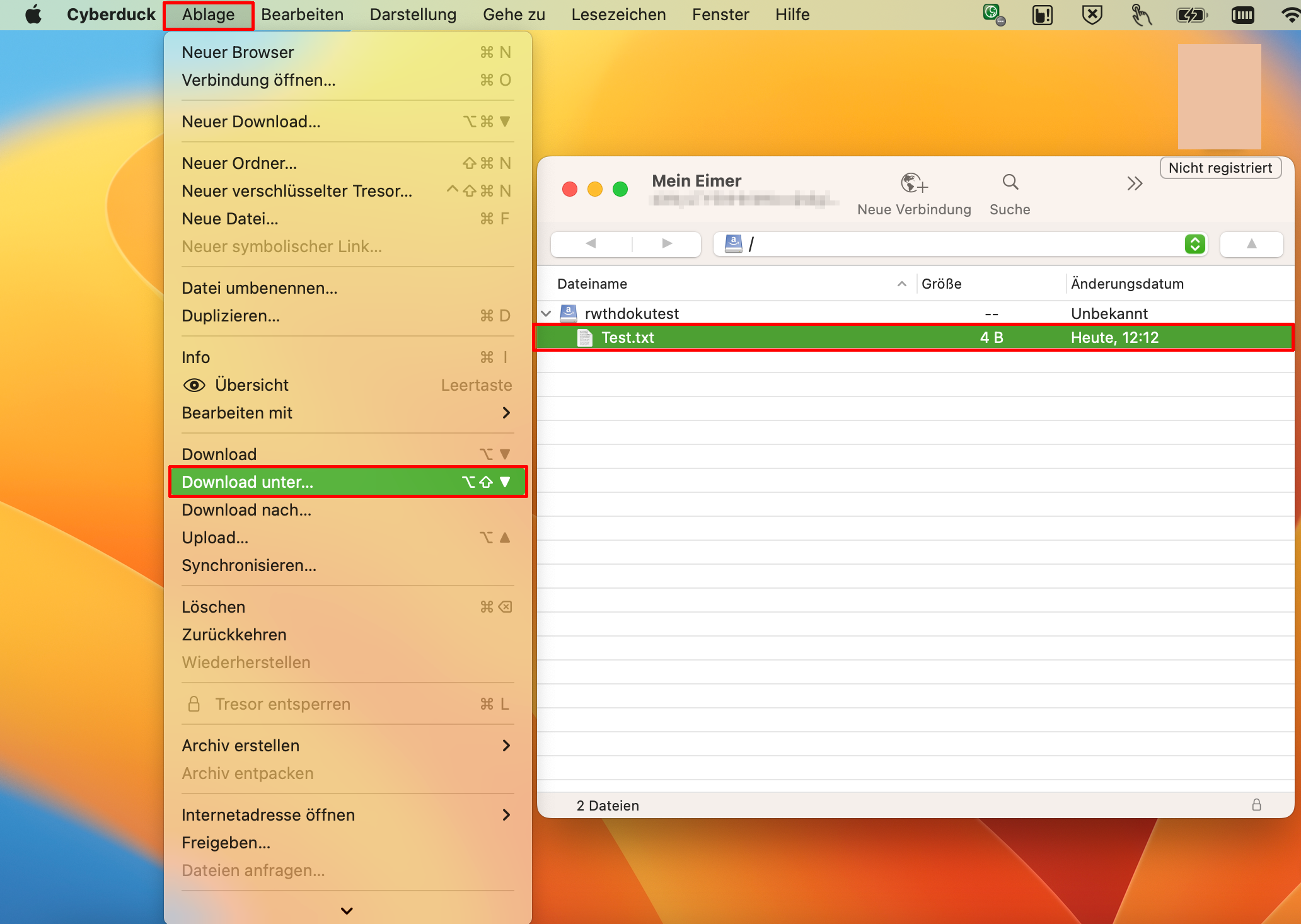 Die Testdatei aus der vorherigen Ansicht wird ausgewählt. Oben im Menü wird dann der Menüpunkt Ablage ausgewählt, um das Ablagemenü zu öffnen. Im Ablagemenü wird Download unter ausgewählt. Die Testdatei aus der vorherigen Ansicht wird ausgewählt. Oben im Menü wird dann der Menüpunkt Ablage ausgewählt, um das Ablagemenü zu öffnen. Im Ablagemenü wird Download unter ausgewählt.