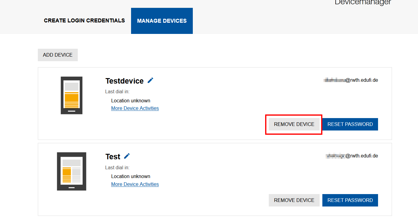 Screenshot of the device management. The “Remove device” button is located before the “Reset password” button.