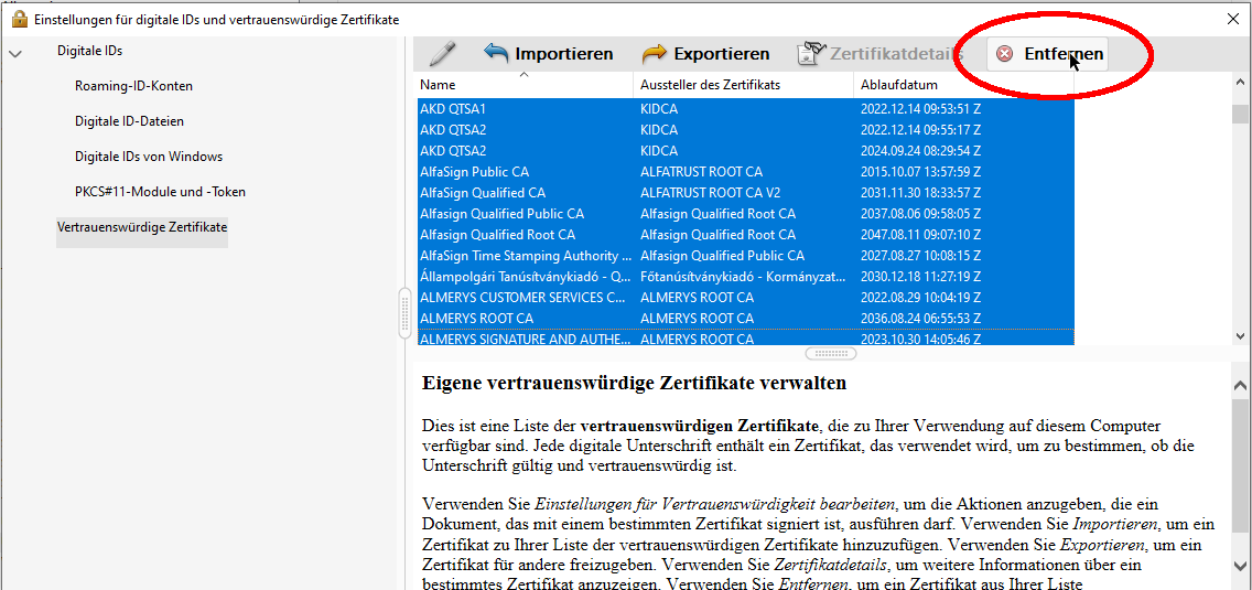 Zertifikate löschen Zertifikate löschen