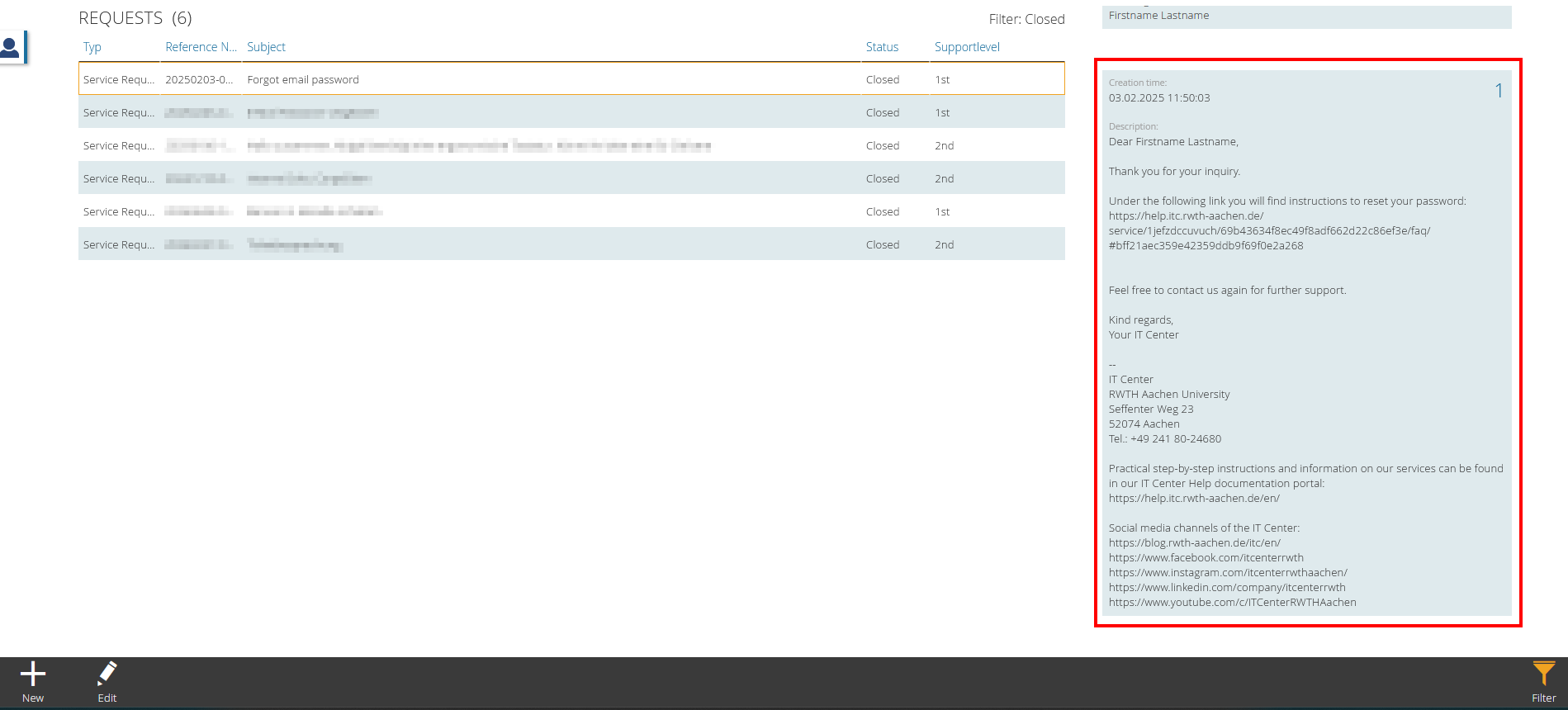 Screenshot of requests. Press enter to open a request. The ServiceDesk response is displayed after the table.