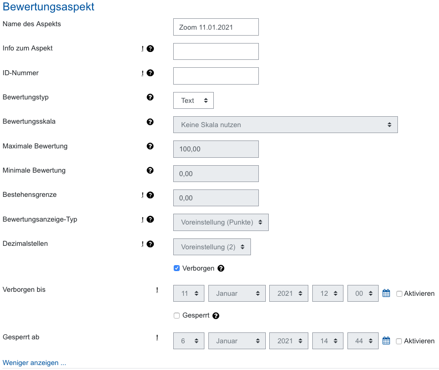 Screenshot: Einstellungen zum Bewertungsaspekt