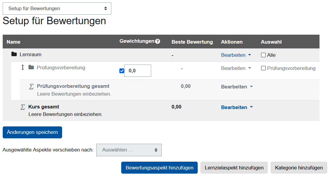 Screenshot: Bewertungsaspekt hinzufügen im Setup für Bewertungen