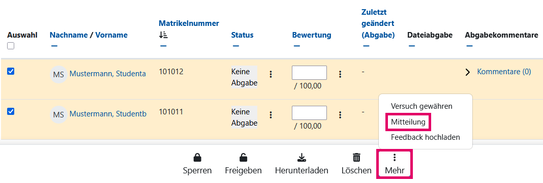 o	Screenshot: Abgabenübersicht mit zwei ausgewählten Studierenden und markierter Option "Mitteilung" im Menü am Fuß der Seite unter "Mehr".