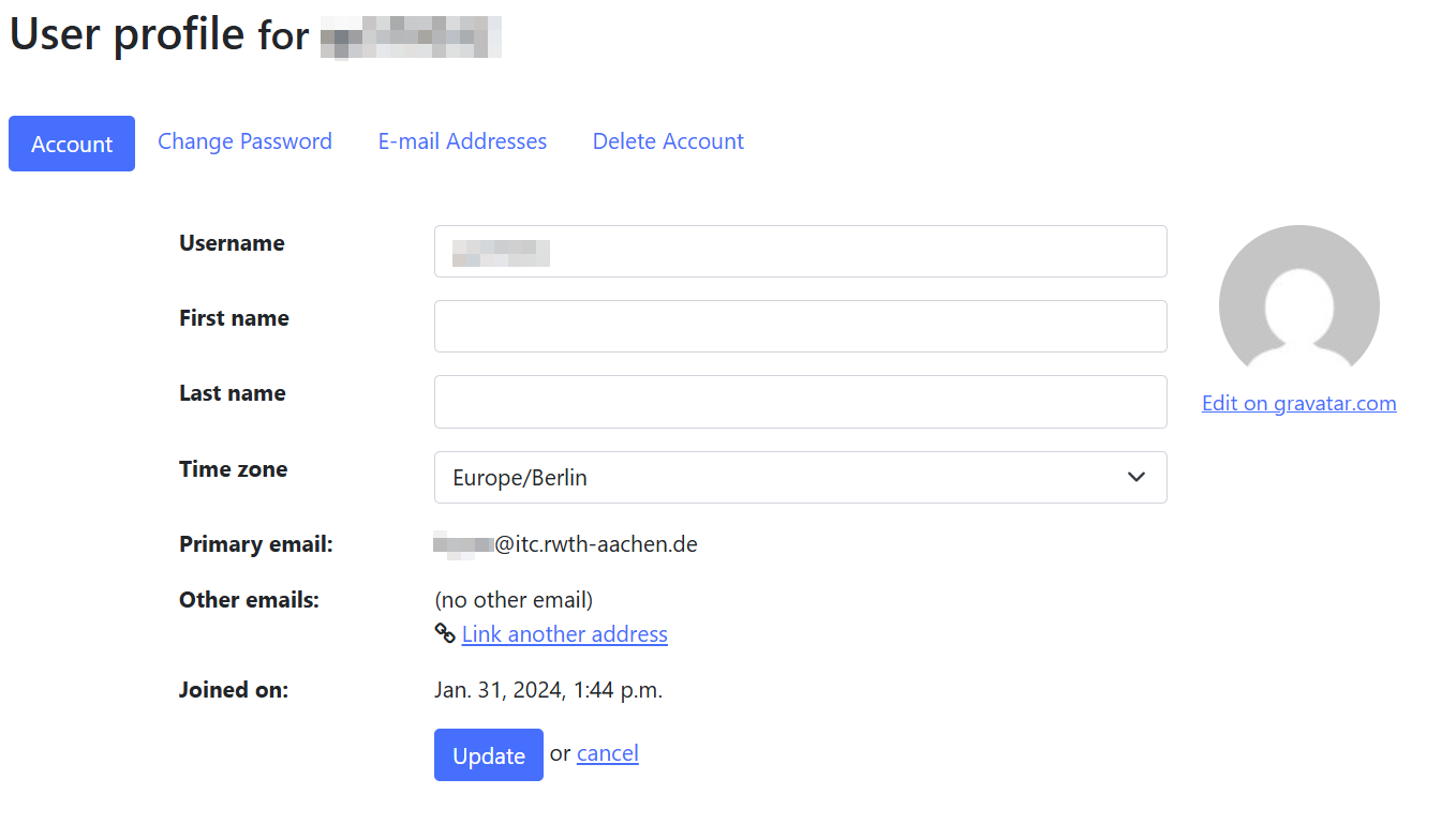 Screenshot of the "User profile for [username]" page in the "Account" tab. Below the aforementioned fields, you will find your primary and other email addresses, as well as the registration date. Below that is the "Update" button.