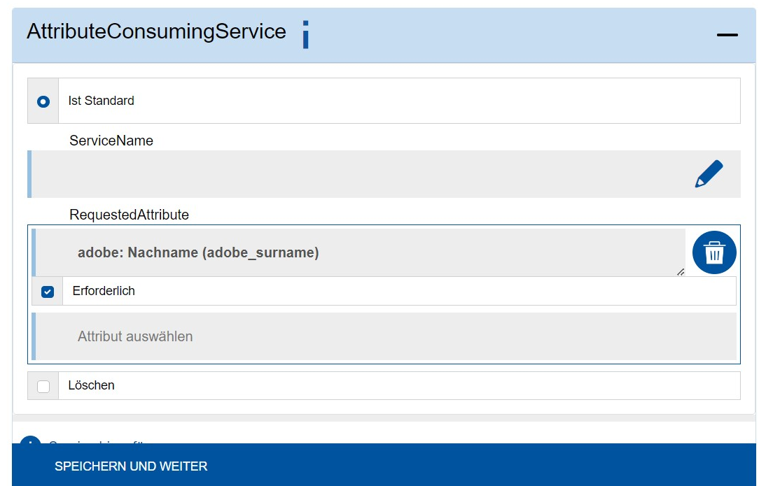 Screenshot des Reiters SPSSODescriptors im Bereich "AttributeConsumingService". Sie können den ServiceName und den RequestedAttribute eintragen.