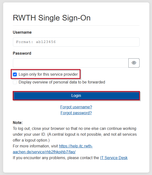 Screenshot of the single sign-on login screen. The username consists of 2 letters and 6 digits. The “Log in only to the current service provider” option is checked.