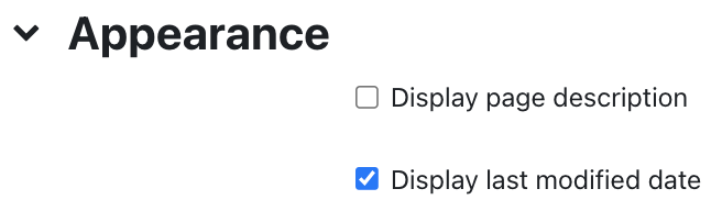 Appearance settings of page The screenshot shows the "Appearance" settings of the page resource. It has two fields, each with a checkbox. The field "Display page description is not checked, the field "Display last modified date" is checked.