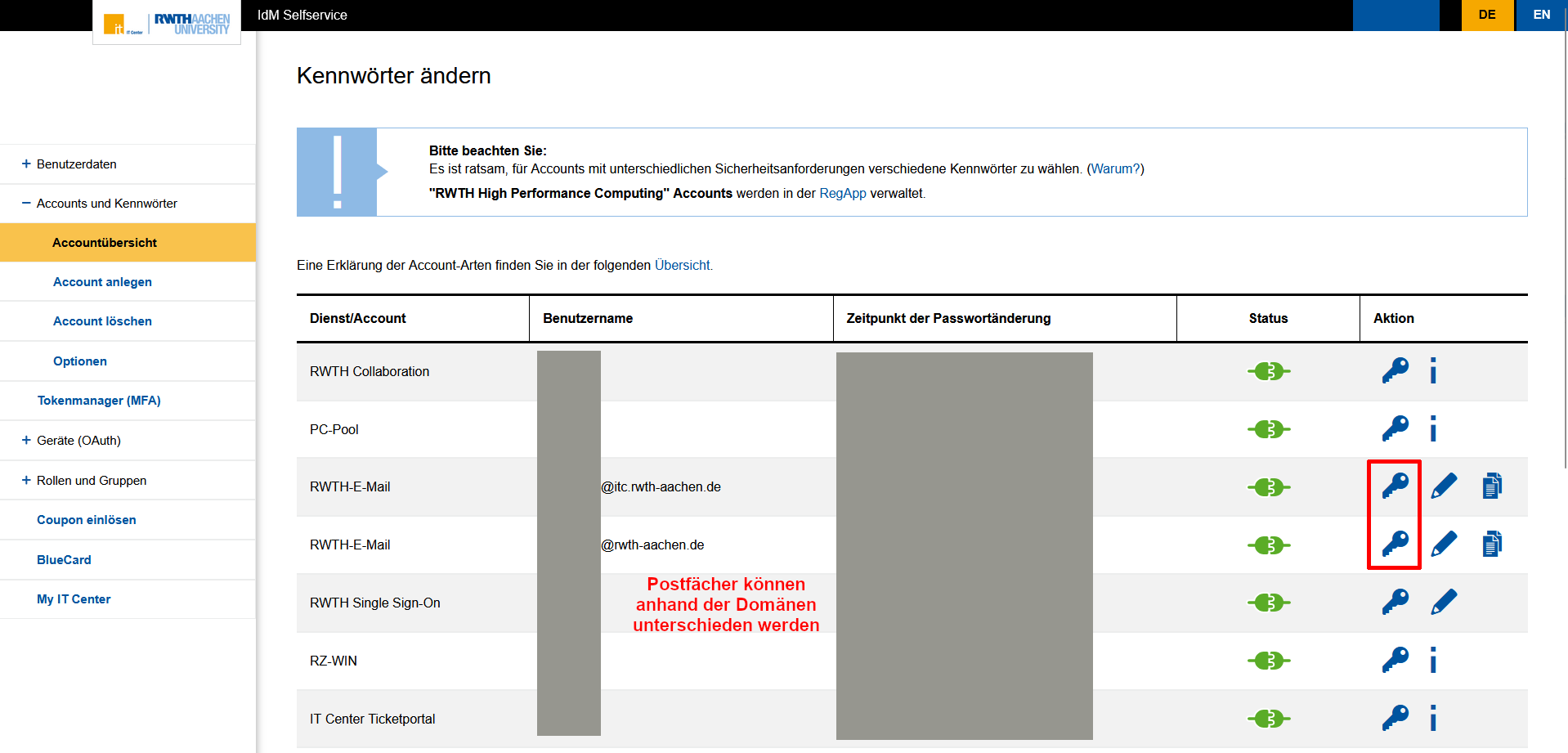 Die Accountübersicht im IdM Selfservice. Neben dem E-Mail-Account ist eine Aktion mit einem Schlüssel als Icon. Kennwort ändern